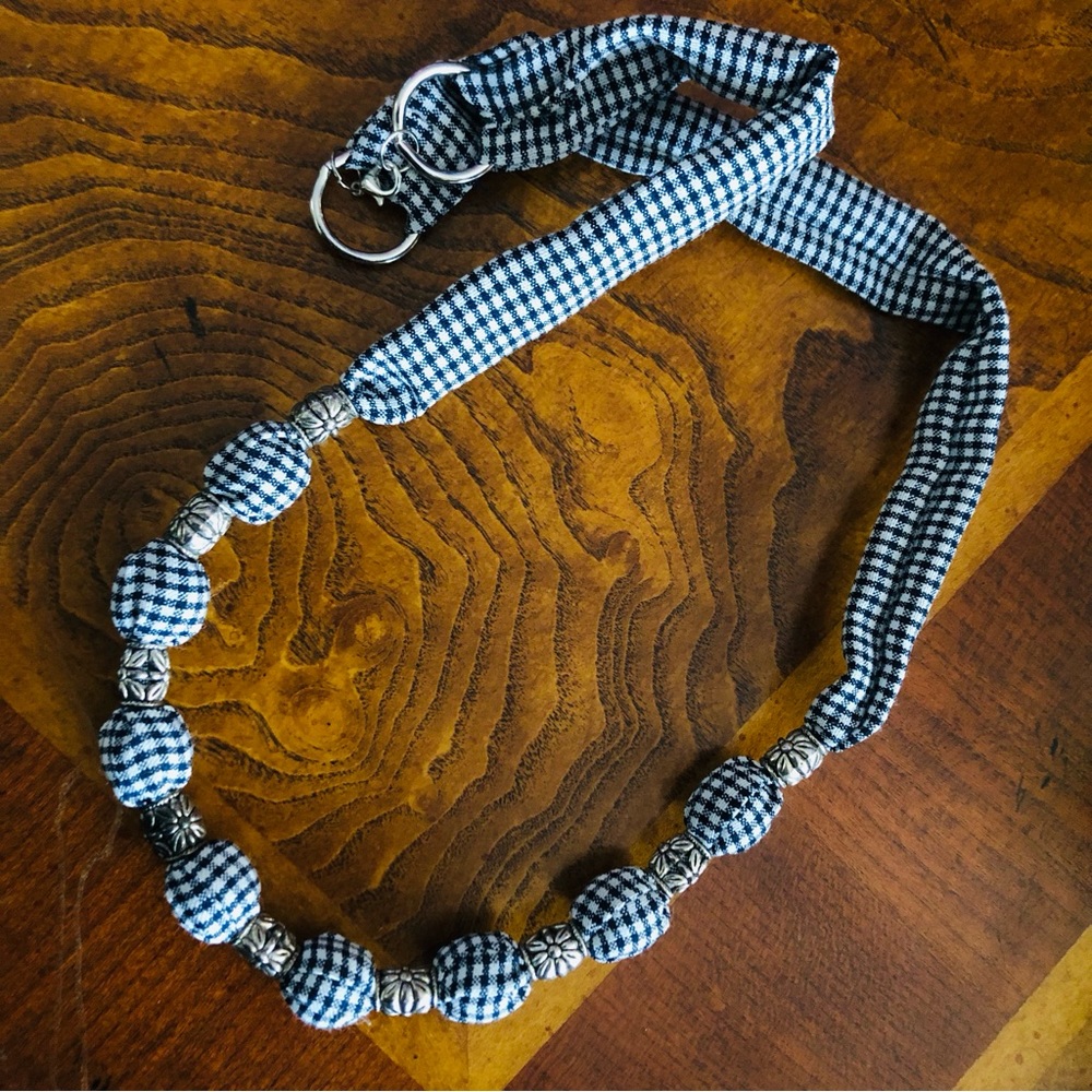 Country Girl black and white plaid fabric covered bead necklace